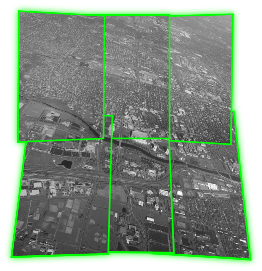 A mosaic of images captured by an aerial camera array, with the image boundaries in the mosaic highlighted in green.