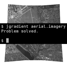 A computer terminal showing the command 'jgradient aerial.imagery' and its output 'Problem solved.' with an aerial image in the background.